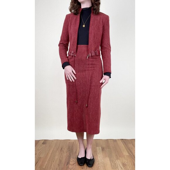 Vintage French Designer Leather Knit Skirt Set Suit Blazer Jacket Coat 70s 90s - Picture 2 of 9